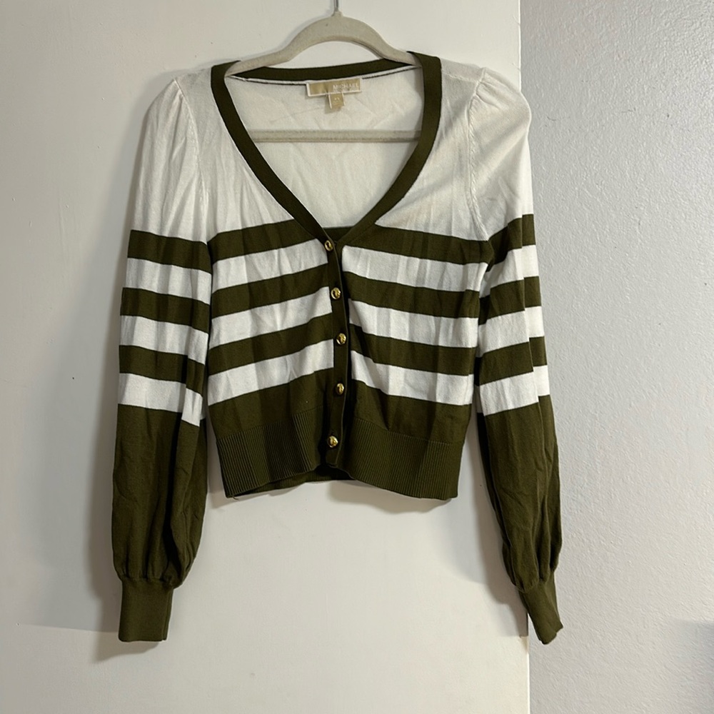 Michael Kors Olive White Cardigan Striped Long Sleeve